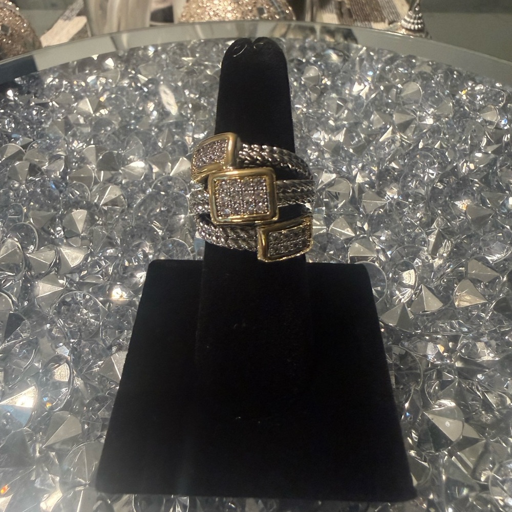 Designer Inspired Two Tone Cable Wrap Ring Pave C… - image 1